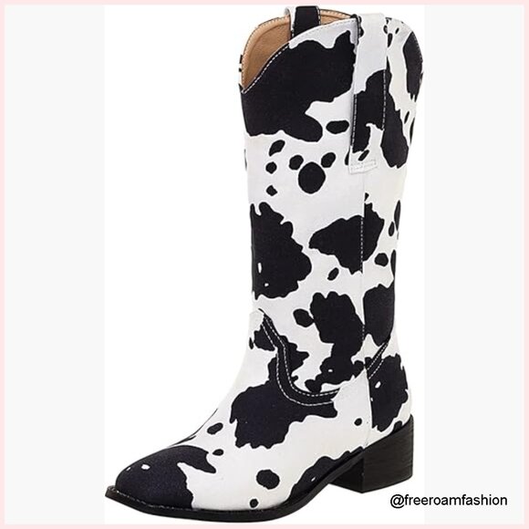Mid Calf Cowboy Boots Chunky Heel Square Toe Western Boots Plus Size